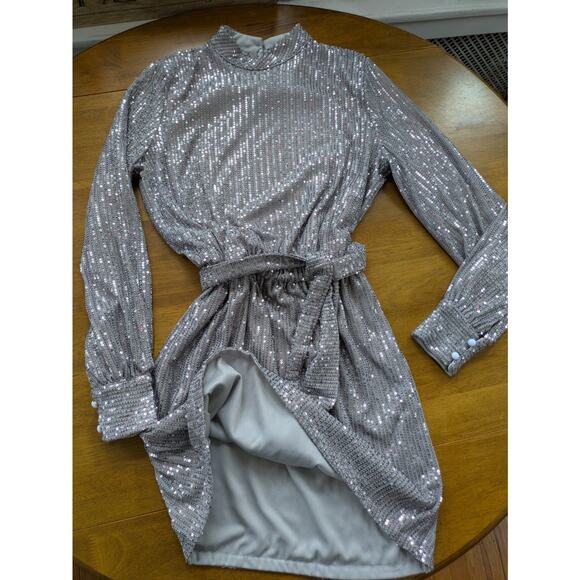 Miss Ord Silver Sequin Mini Dress M Mock Neck Belted NYE 70s 80s Glam - Picture 9 of 12